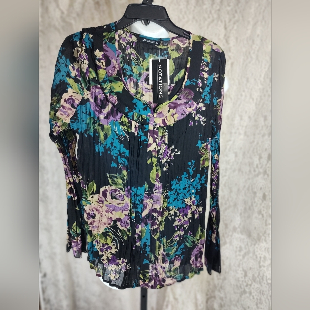 Notations Black Floral Purple Crinkle Top And Camisole Set